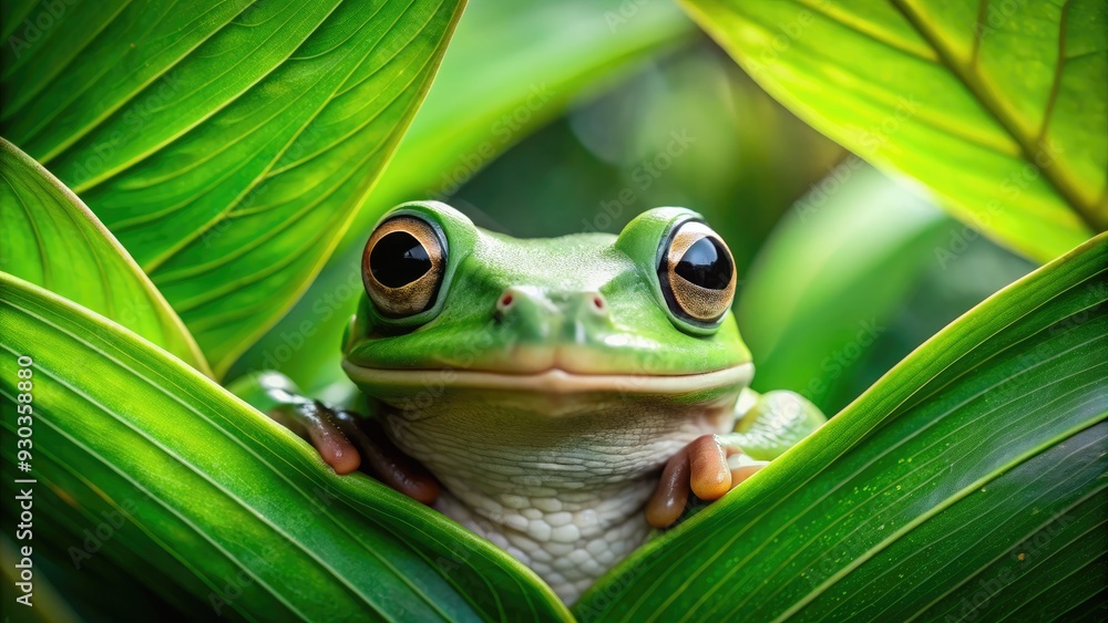 Adorable green toad peeking out from behind a large leaf, its big round eyes and tiny nose visible, surrounded by lush green foliage outdoors. Adorable green toad peeking out from behind a large leaf, its big round eyes and tiny nose visible, surrounded by lush green foliage outdoors.