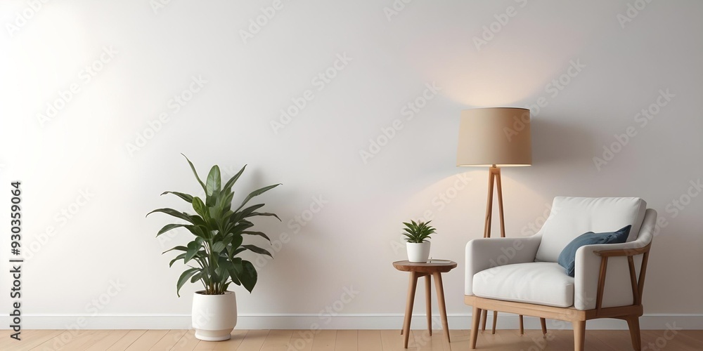 Fototapeta premium A modern living room with a white wall, a potted plant, a lamp, and a side table.