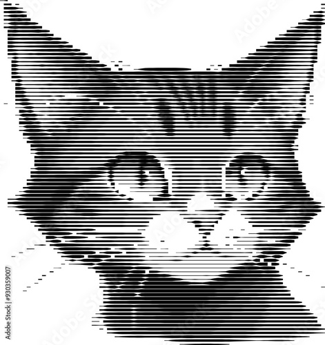 Monochrome striped representation of a feline face.