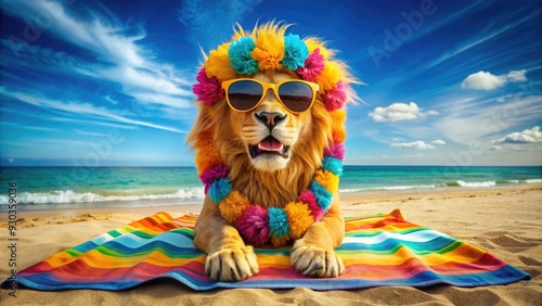 Adorable lion with a goofy expression, wearing sunglasses and a tropical flower garland, sits on a colorful beach towel, exuding playful summer vibes. photo