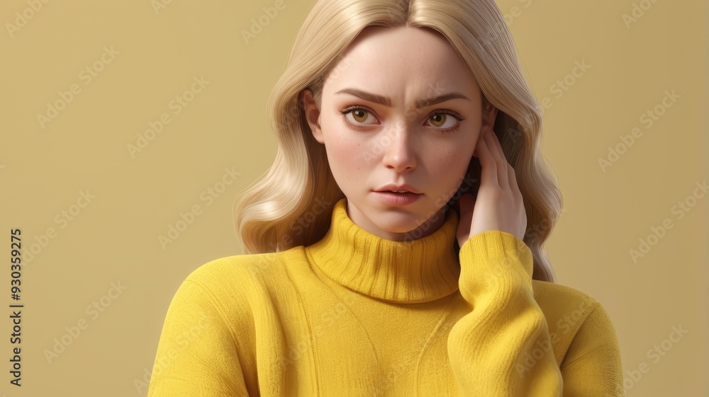 Upset 3D woman in yellow sweater, light background, reflecting human emotions Upset 3D woman in yellow sweater, light background, reflecting human emotions