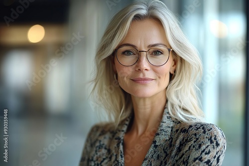 Confident mature businesswoman smiling in a modern bank office