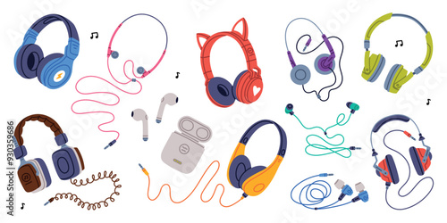 Headphones as Device for Music Listening Vector Set