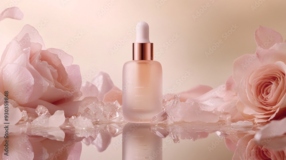 A matte frosted glass serum bottle is artfully displayed atop a mirrored surface, creating a captivating reflection that doubles the visual impact. The bottle features a crisp, white empty label and A matte frosted glass serum bottle is artfully displayed atop a mirrored surface, creating a captivating reflection that doubles the visual impact. The bottle features a crisp, white empty label and