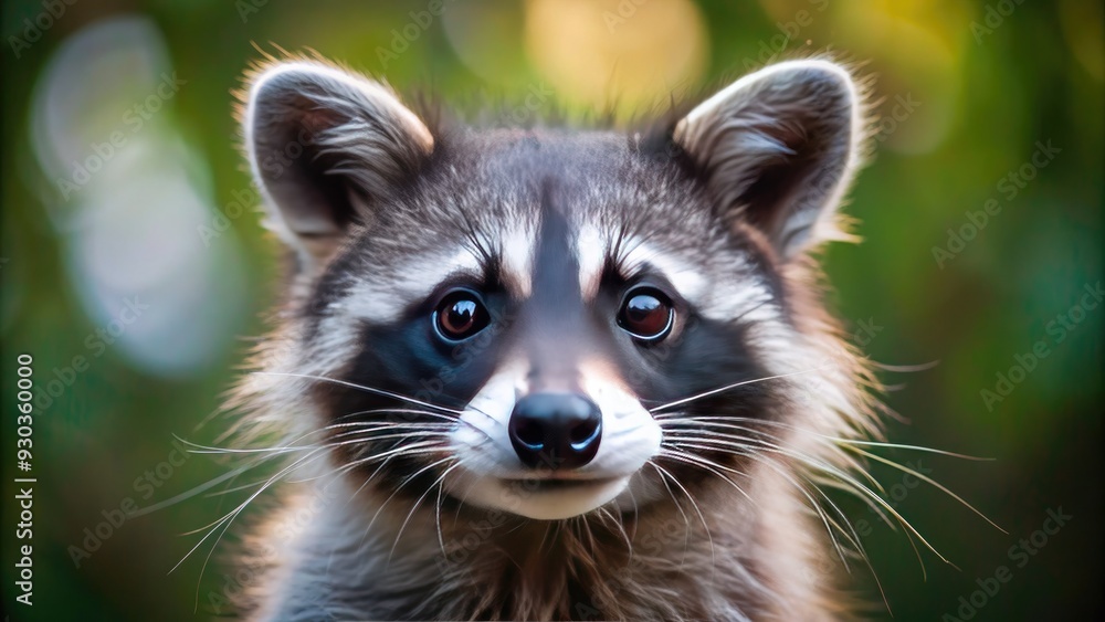 Adorable raccoon with a curious expression, its black Adorable raccoon with a curious expression, its black