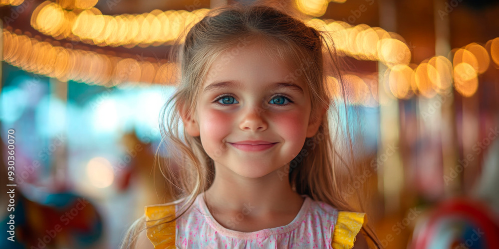 Joyful young girl smiling at a carousel, capturing the essence of childhood wonder and amusement park excitement. Joyful young girl smiling at a carousel, capturing the essence of childhood wonder and amusement park excitement.
