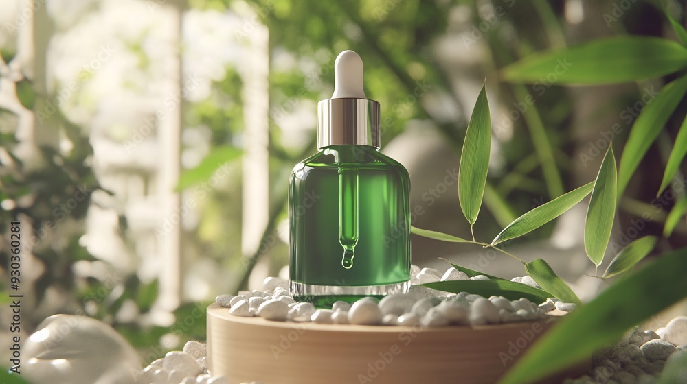 A round, emerald green glass serum bottle is elegantly displayed on a platform of smooth, light-colored pebbles, creating a natural and refreshing setting. The bottle is adorned with a clean white A round, emerald green glass serum bottle is elegantly displayed on a platform of smooth, light-colored pebbles, creating a natural and refreshing setting. The bottle is adorned with a clean white