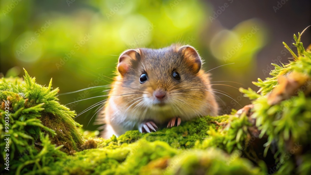 Adorable small lemming rodent with brown fur and bright beady eyes peeking out from behind a mound of soft green moss in a forest habitat. Adorable small lemming rodent with brown fur and bright beady eyes peeking out from behind a mound of soft green moss in a forest habitat.