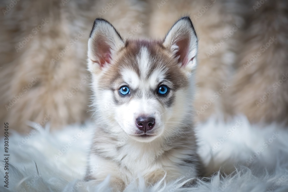 Adorable two-month-old husky puppy with piercing blue eyes and fluffy gray and white fur gazes directly at the camera with an endearing expression. Adorable two-month-old husky puppy with piercing blue eyes and fluffy gray and white fur gazes directly at the camera with an endearing expression.