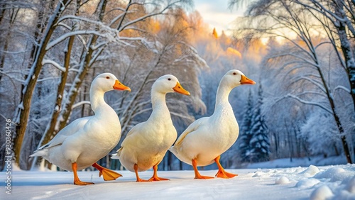 Adorable trio of white ducks waddle through a serene winter landscape, their bright orange beaks a pop of color against a backdrop of snow-covered trees. photo