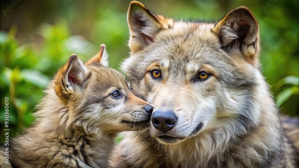 Obraz premium Adorable wolf cub snuggles up to mother's furry side, gazing upwards with big brown eyes in a heartwarming display of love and dependence in nature.
