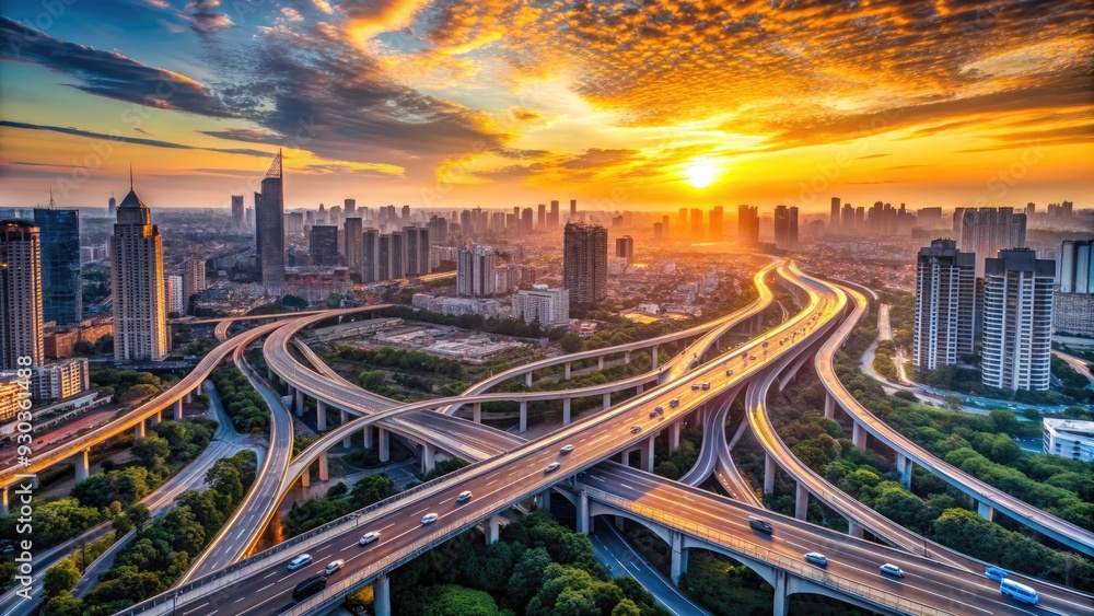 Obraz premium Aerial view of a bustling metropolis at sunset, with a network of roads and highways forming a intricate pattern of lines and shapes.