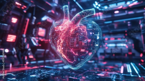 A futuristic heart made of circuits, symbolizing technology and life.