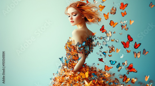 red blond female model with a dress made of butterflies photo