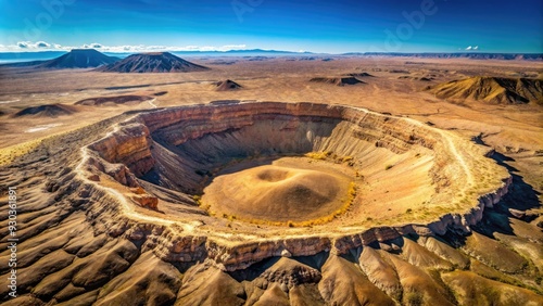 Aerial view of a massive impact crater with rugged rim and barren, rocky terrain stretching towards the horizon in a desolate, otherworldly landscape. photo