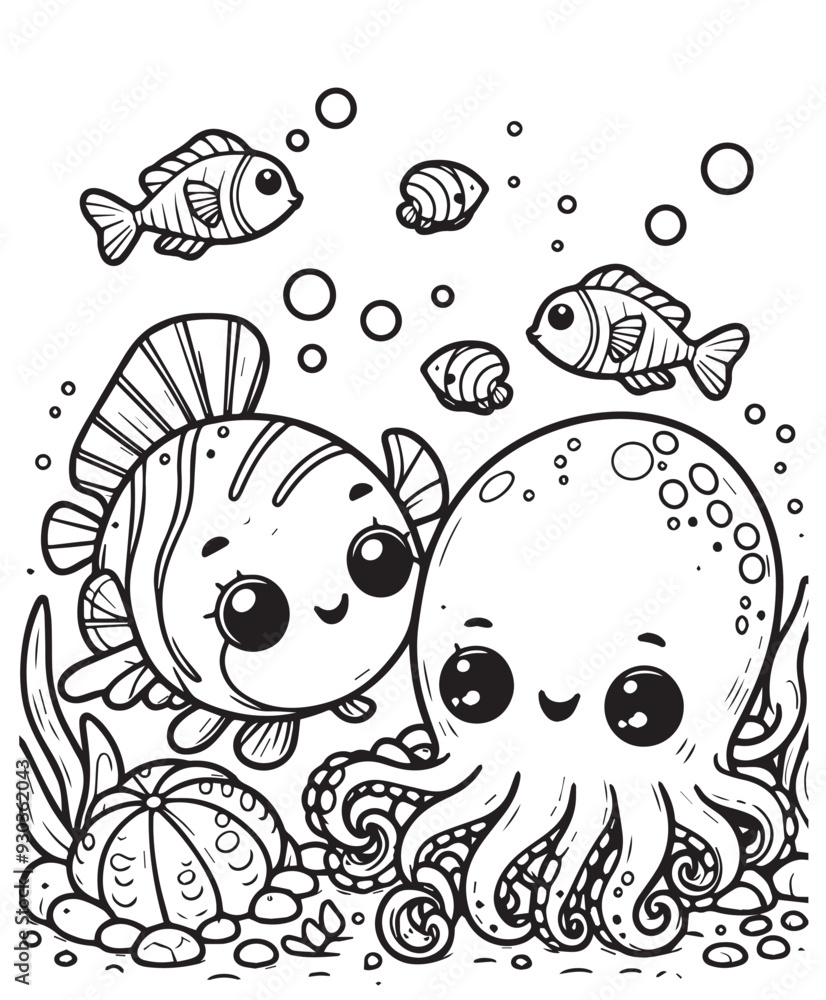 Fototapeta premium Cute fish and octopus swim coloring page design for kid