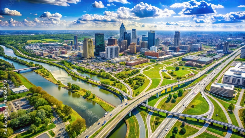 Fototapeta premium Aerial view of Columbus, Ohio, with a road map overlay, showcasing the city's grid pattern, highways, and scenic Scioto River winding through the urban landscape.
