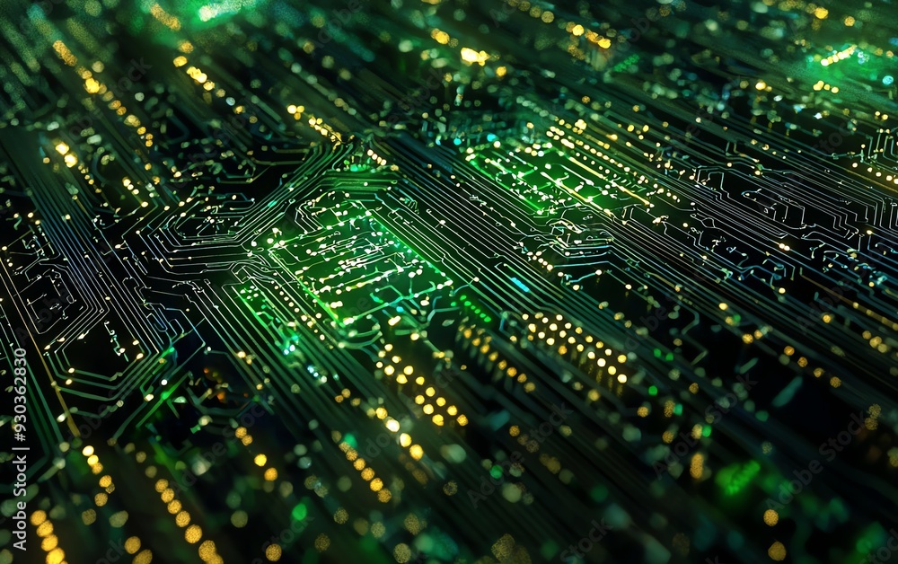 Abstract digital circuit board with glowing lights.