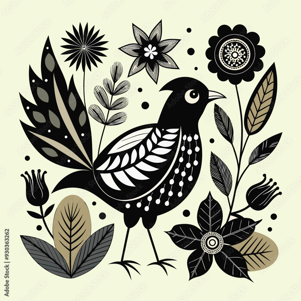 a black and white drawing of a bird with flowers and a bird. a black and white drawing of a bird with flowers and a bird.