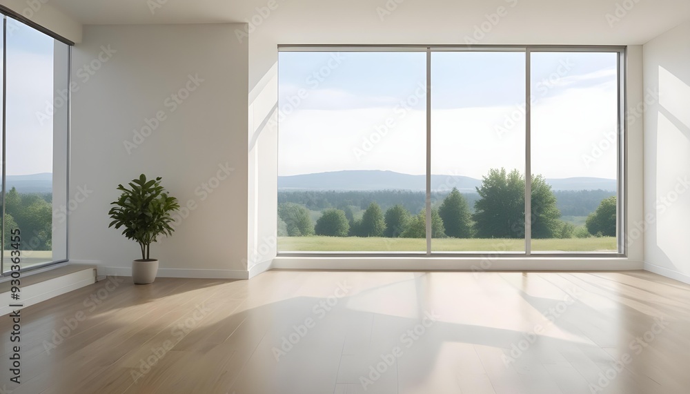 Fototapeta premium Empty room with large window overlooking a green outdoor landscape.