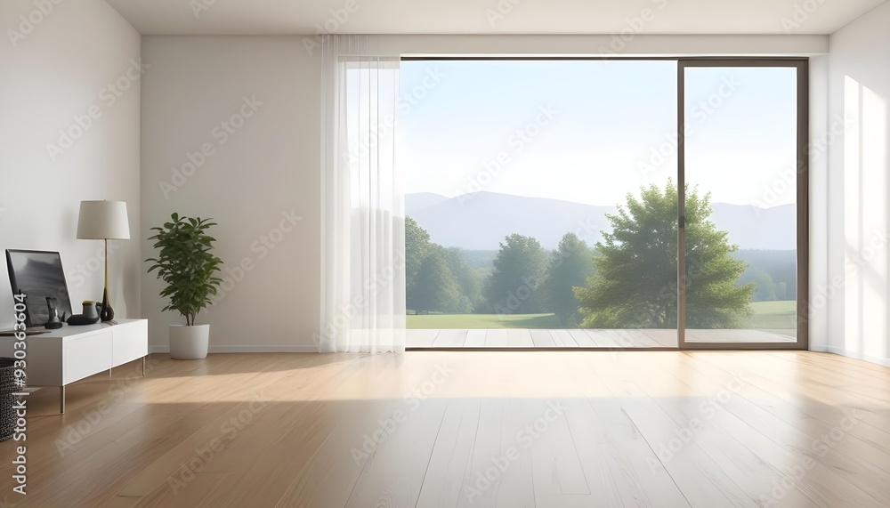 Obraz premium Empty room with large window overlooking a green outdoor landscape.