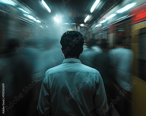 cinematic shot from behind a college student at Delhis Rajiv Chowk metro station, panic visible, train door closing, long exposure capturing rush hour crowd photo