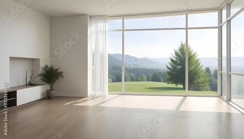 Empty room with large window overlooking a green outdoor landscape.