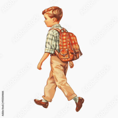 Vintage illustration of schoolboy walking.