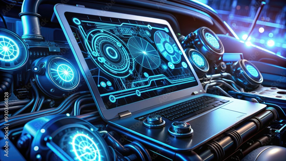 A futuristic computerized engine diagnostics system with glowing wires and circuits, displaying real-time data and fault codes on a high-tech screen. A futuristic computerized engine diagnostics system with glowing wires and circuits, displaying real-time data and fault codes on a high-tech screen.