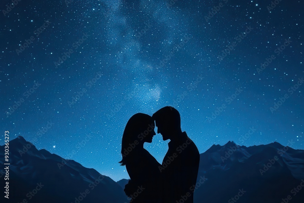 Couple embracing under a starry sky, mountain view, 3D illustration Couple embracing under a starry sky, mountain view, 3D illustration