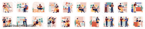 Bundle of color concepts with people scene in flat cartoon design. A large selection of colorful images showing men and women on a beige background. Vector illustration.