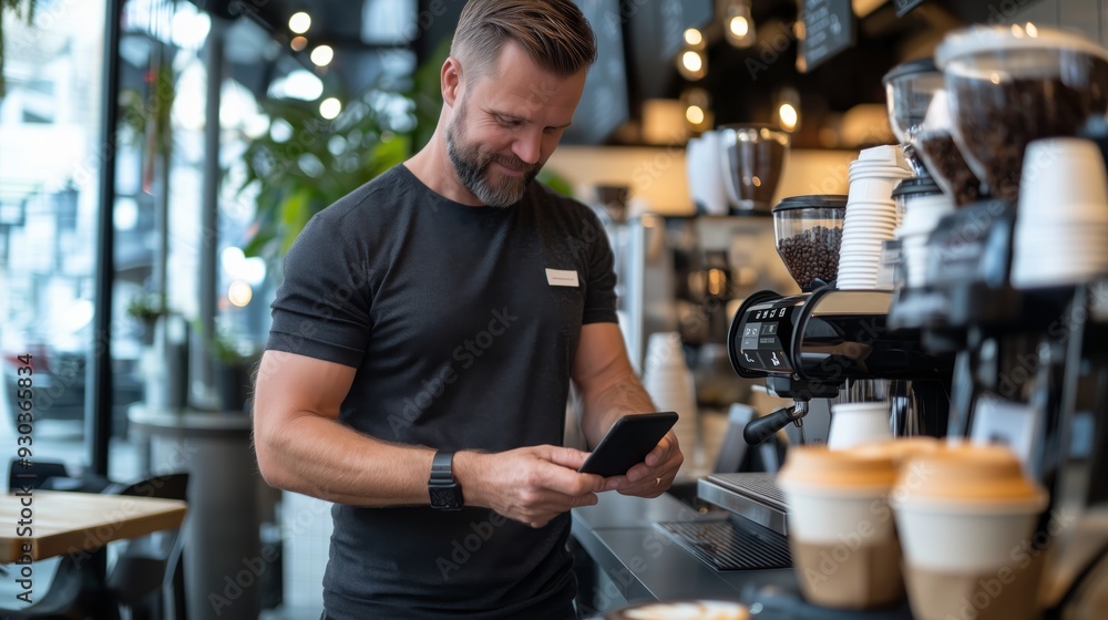 Barista Using Phone In Coffee Shop. Barista Using Phone In Coffee Shop.