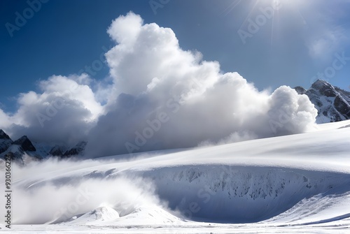 雪崩を起こす冬の雪山、自然災害、自然の脅威