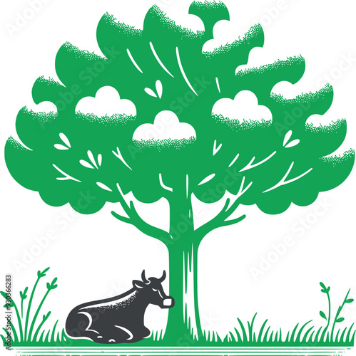 A cow sitting on under with green tree vector illustrations on white background generated Ai