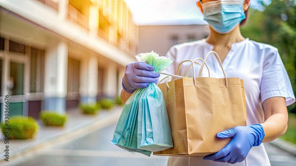 A gloved hand holds a bag of donated medical supplies, including masks and gloves, amidst a blurred hospital background, symbolizing pandemic relief efforts. A gloved hand holds a bag of donated medical supplies, including masks and gloves, amidst a blurred hospital background, symbolizing pandemic relief efforts.