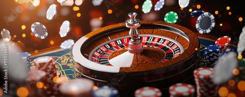 Roulette wheel surrounded by glowing chips, neon light effects creating a high-energy casino vibe, detailed and immersive photo