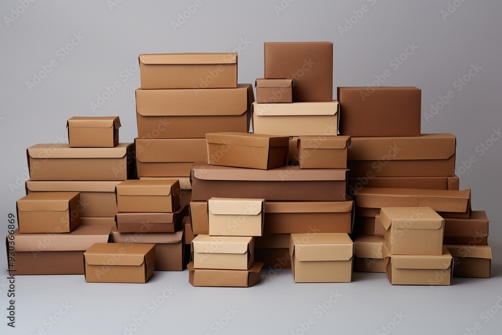 Set of brown cardboard mess boxes on grey background Set of brown cardboard mess boxes on grey background