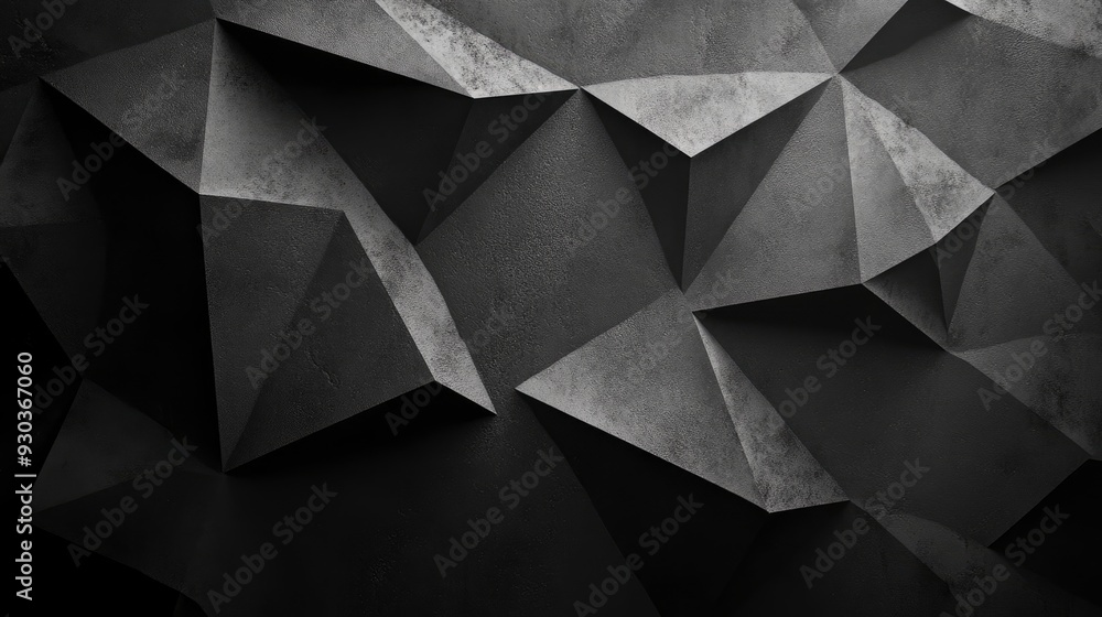 Black white dark gray abstract background. Geometric pattern shape. Line triangle polygon angle. Gradient. Shadow. Matte. 3d effect. Rough grain grungy. Design. Template. Presentation, ai