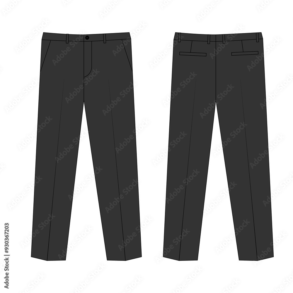 Sketch of basic, straight-cut trousers, front and back view. Illustration of men's trousers in gray. Sketch of basic, straight-cut trousers, front and back view. Illustration of men's trousers in gray.