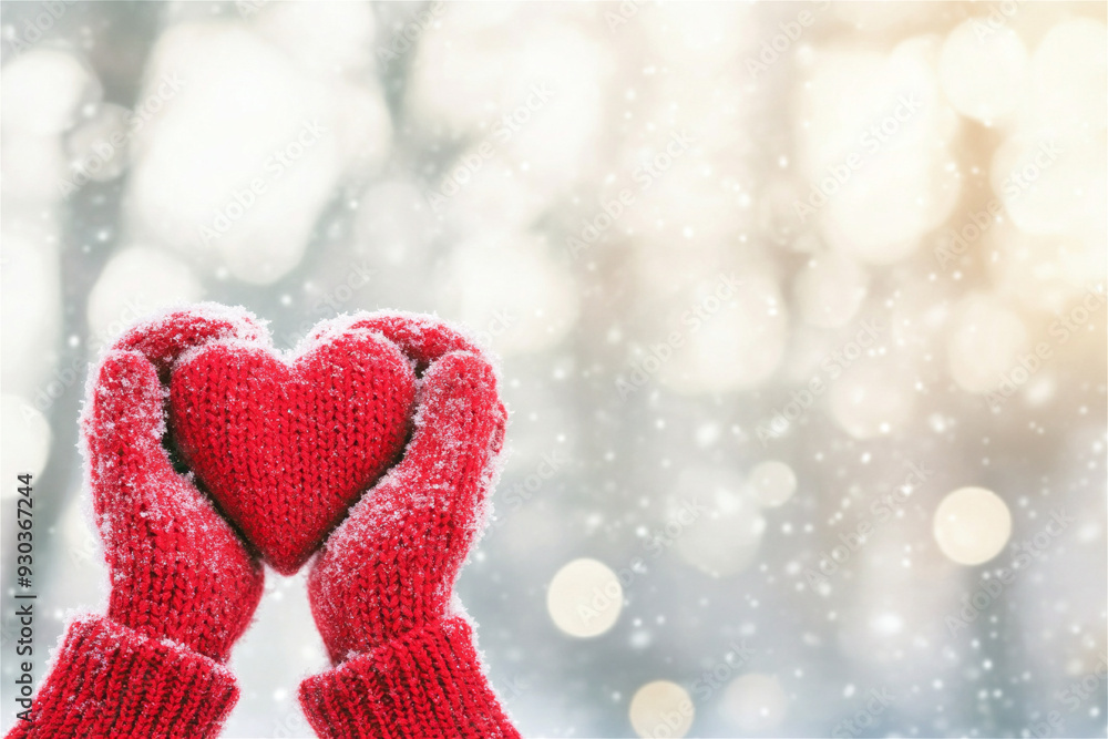 Woman's hands wearing red mittens holding a red knitted heart in a snowy winter wonderland. Copy space seasonal background Woman's hands wearing red mittens holding a red knitted heart in a snowy winter wonderland. Copy space seasonal background