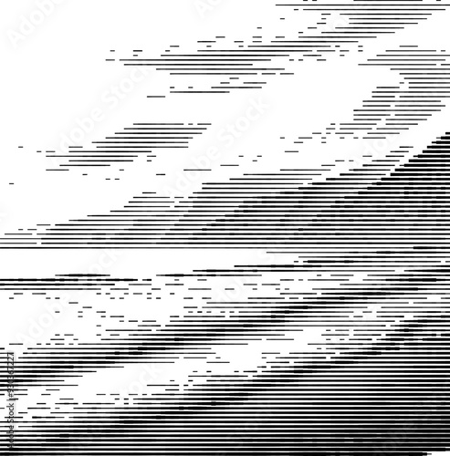 A landscape composed of mountains, trees, and a river, created using variable line thickness. The technique employs alternating thick and thin stripes, generating depth and textur