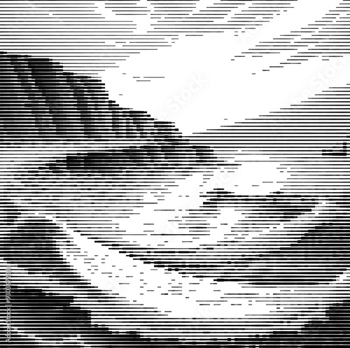 A landscape composed of mountains, trees, and a river, created using variable line thickness. The technique employs alternating thick and thin stripes, generating depth and textur