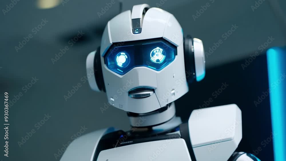 Futuristic robot with glowing blue eyes in modern tech lab Futuristic robot with glowing blue eyes in modern tech lab
