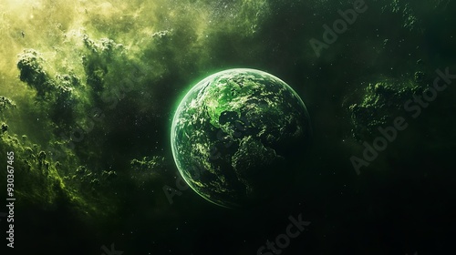 Fototapeta Naklejka Na Ścianę i Meble -  Beautiful green planet Earth is shot far from the galaxy.