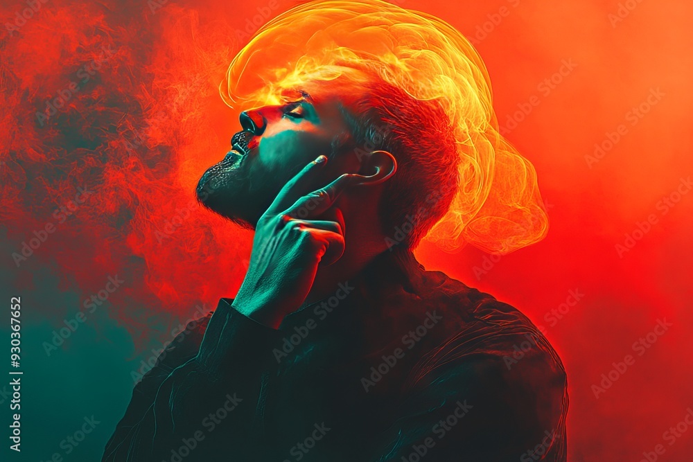 A man with a glowing brain surrounded by swirling clouds of color symbolizing the dynamic energy of thought and the fiery creativity of human intellect in a vibrant abstract environment A man with a glowing brain surrounded by swirling clouds of color symbolizing the dynamic energy of thought and the fiery creativity of human intellect in a vibrant abstract environment