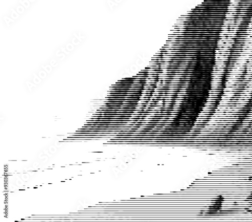 A landscape composed of mountains, trees, and a river, created using variable line thickness. The technique employs alternating thick and thin stripes, generating depth and textur