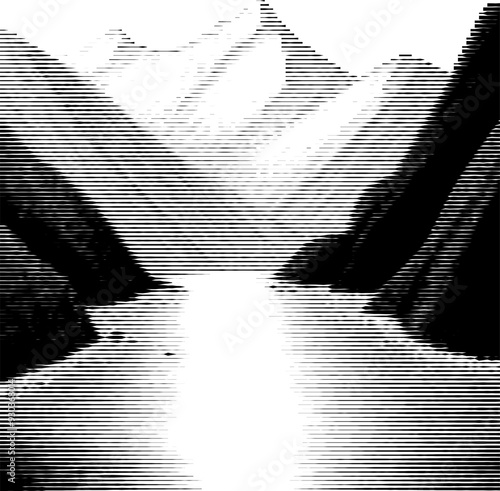 A landscape composed of mountains, trees, and a river, created using variable line thickness. The technique employs alternating thick and thin stripes, generating depth and textur