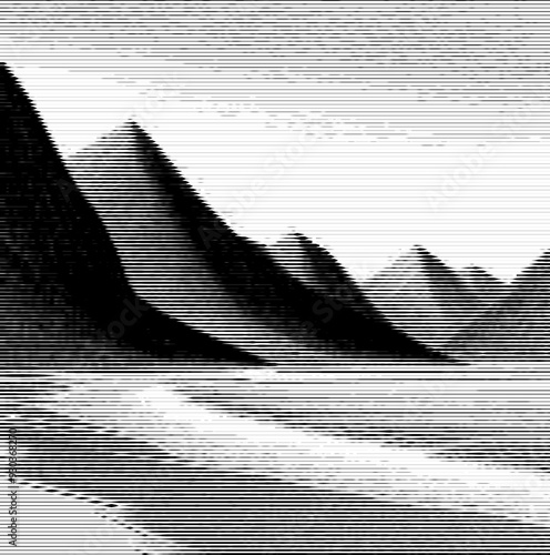 A landscape composed of mountains, trees, and a river, created using variable line thickness. The technique employs alternating thick and thin stripes, generating depth and textur