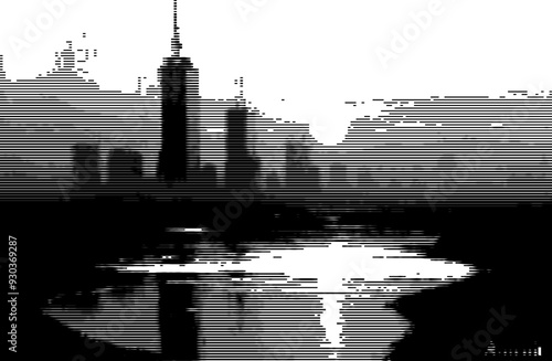 Abstract waterfront skyline in digital pixel style