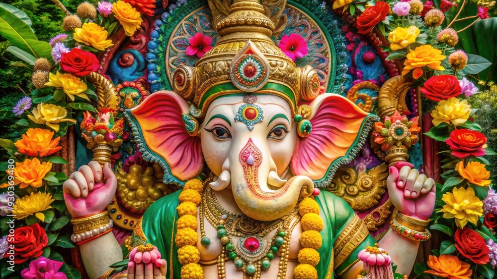 custom made wallpaper toronto digitalA intricately carved statue of Lord Ganesha, the remover of obstacles, with four arms and a gentle smile, adorned with vibrant flowers and ornaments.